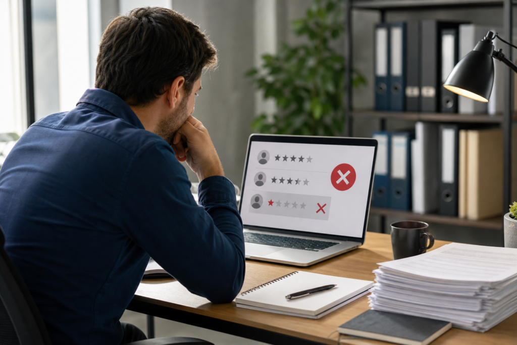 Business owner checking a rejected request to remove fake Google reviews
